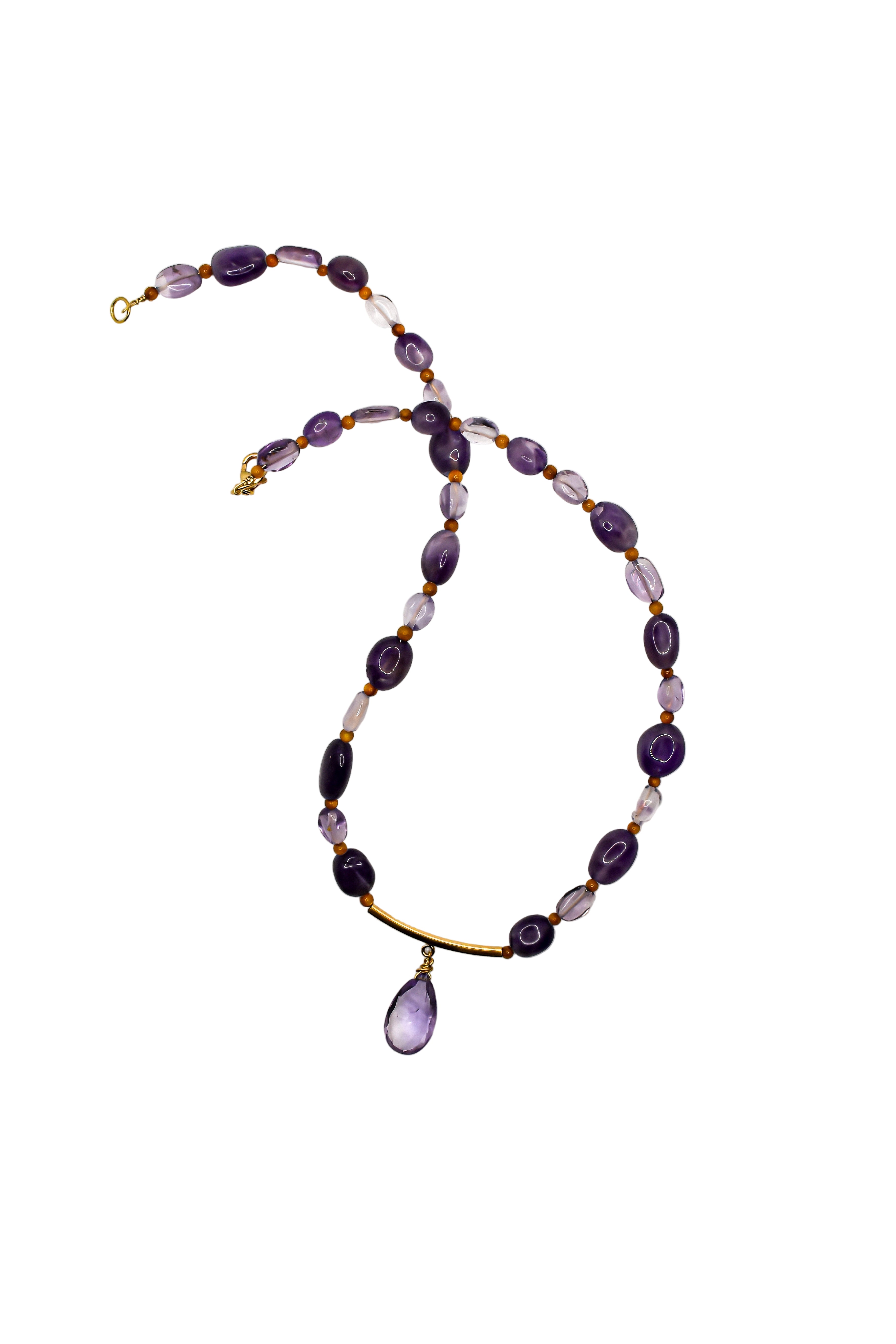 A necklace with purple amethyst beads and golden tiger's eye beads, featuring a gold-filled wire and clasp.
